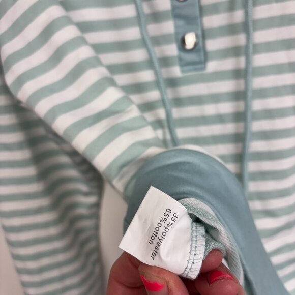 Striped Hoodie Sweatshirt Long Sleeve Pullover Button Accent Green White Casual - Picture 4 of 5